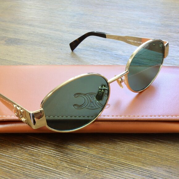 Celine CL4S235U Triomphe Gold Metal Frame Green Lenses Sunglasses - Picture 4 of 6